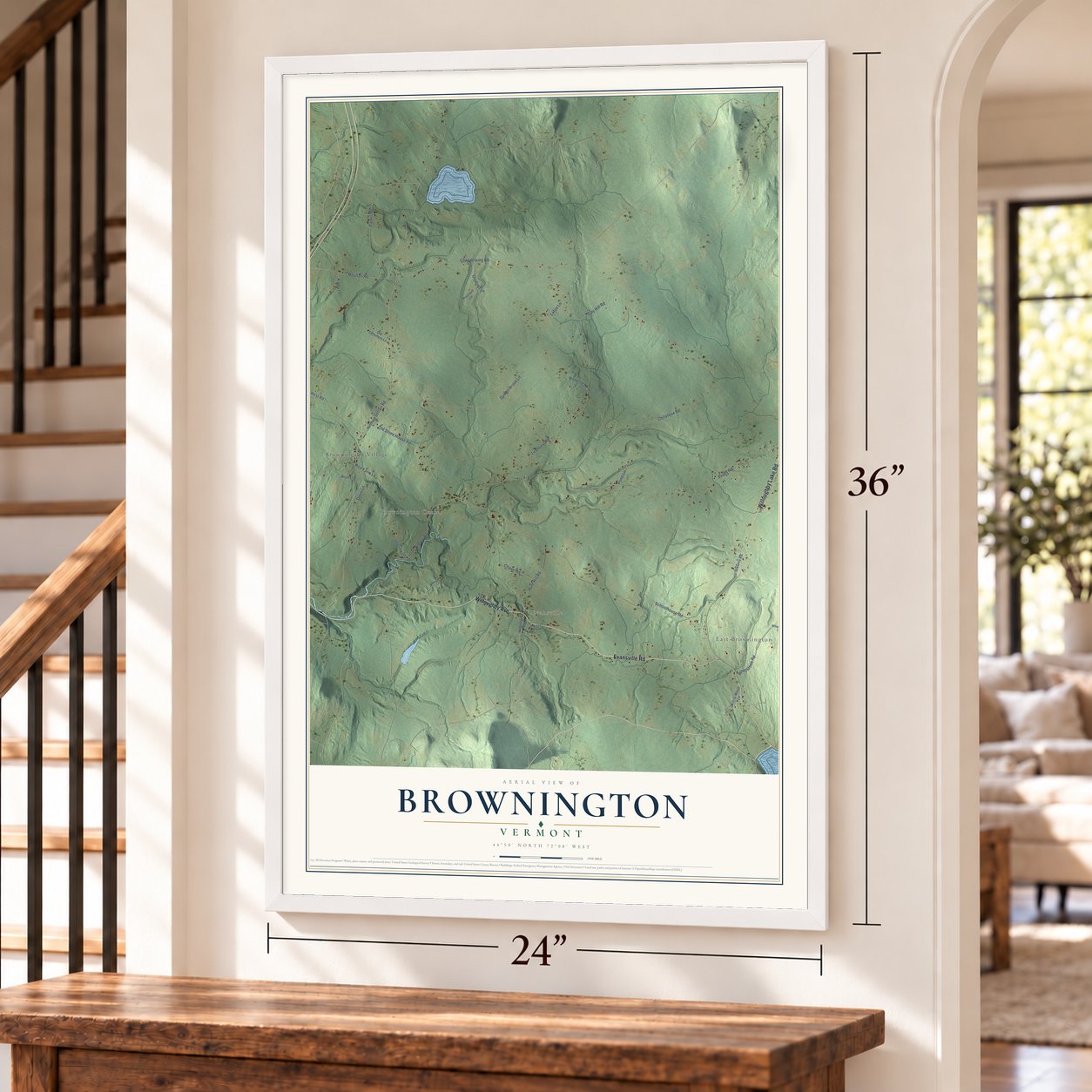 Brownington, Vermont map, 24 x 36 inch print in a white frame by a staircase