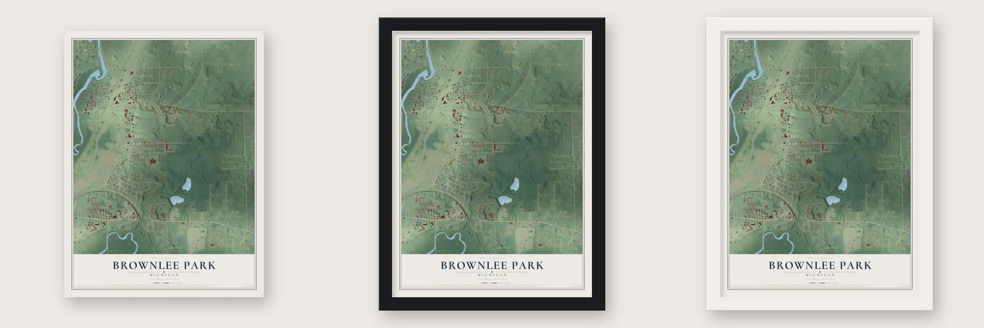 Brownlee Park, Michigan map unframed, in a black wood frame and in a white wood frame