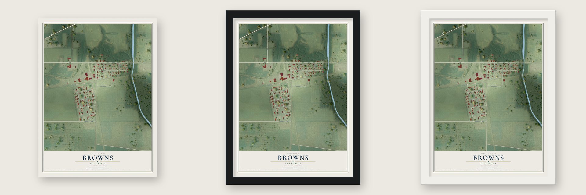 Browns, Illinois map unframed, in a black wood frame and in a white wood frame