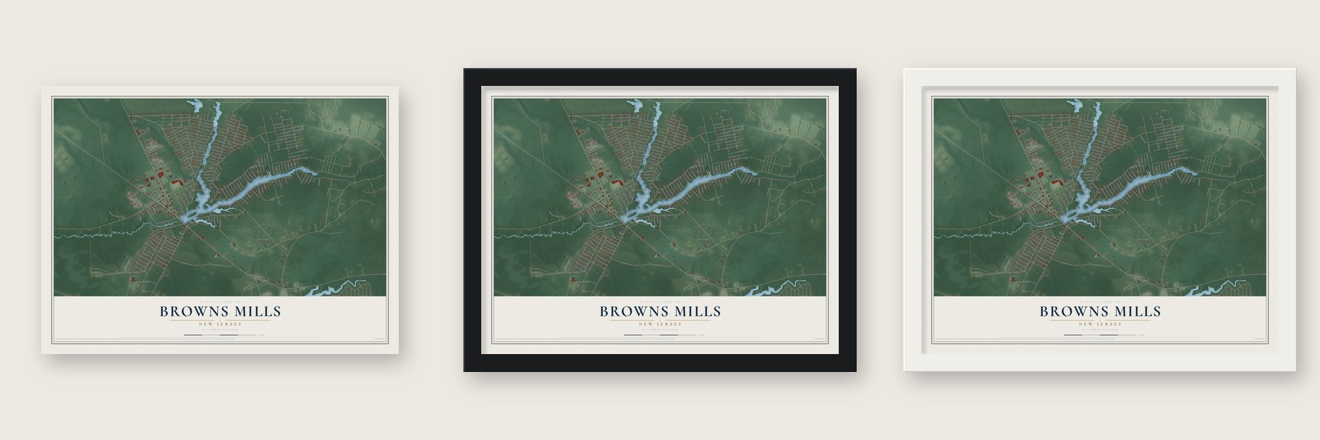 Browns Mills, New Jersey map unframed, in a black wood frame and in a white wood frame