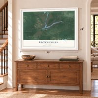 Browns Mills, New Jersey map, 24 x 36 inch print in a white frame above a dresser by a staircase