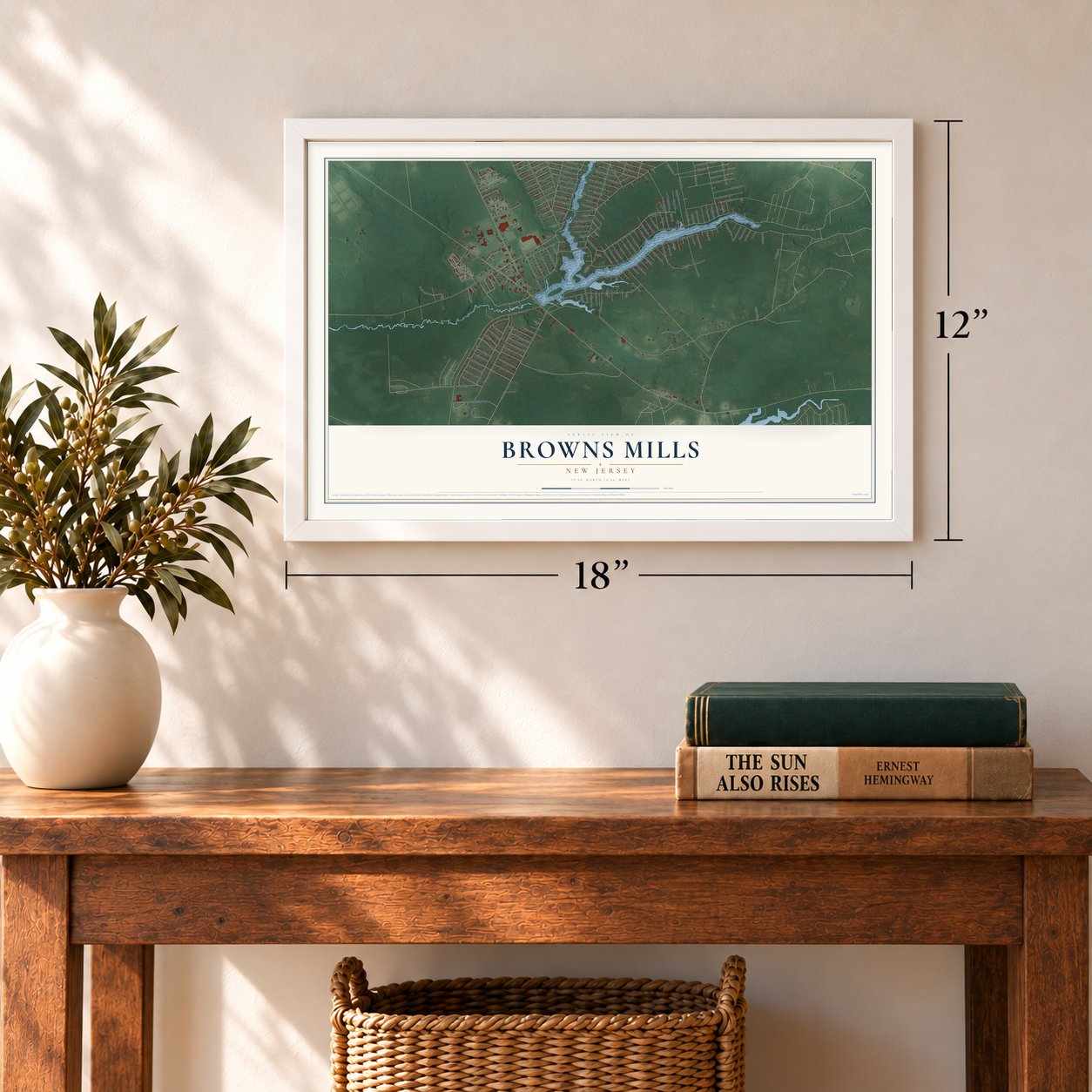 Browns Mills, New Jersey map, 12 x 18 inch print in a white frame in an entryway