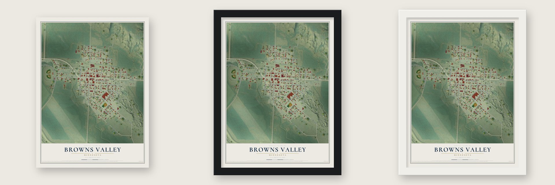 Browns Valley, Minnesota map unframed, in a black wood frame and in a white wood frame