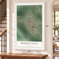 Browns Valley, Minnesota map, 24 x 36 inch print in a white frame by a staircase