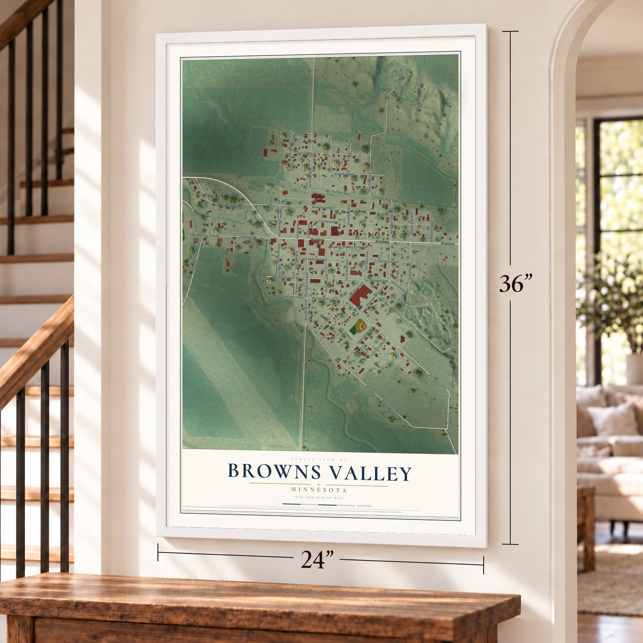 Browns Valley, Minnesota map, 24 x 36 inch print in a white frame by a staircase