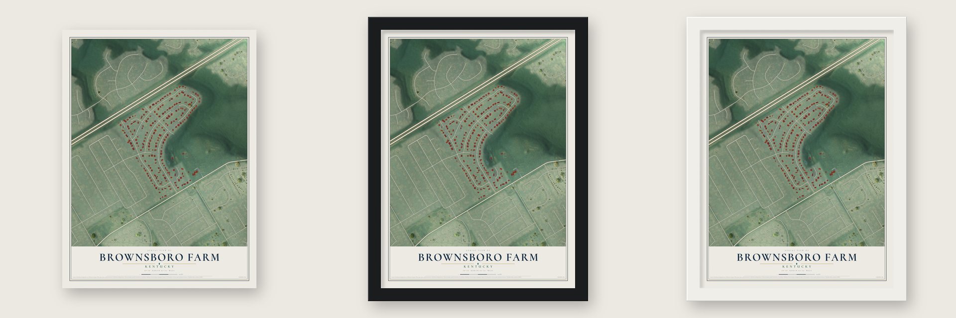 Brownsboro Farm, Kentucky map unframed, in a black wood frame and in a white wood frame