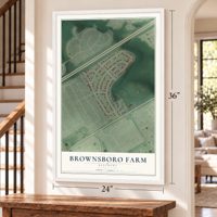 Brownsboro Farm, Kentucky map, 24 x 36 inch print in a white frame by a staircase