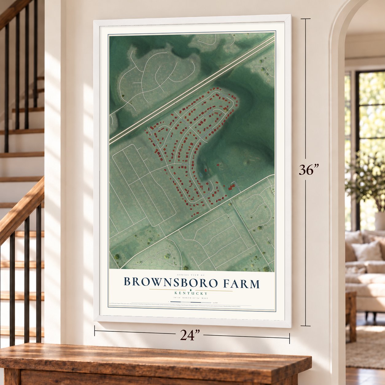 Brownsboro Farm, Kentucky map, 24 x 36 inch print in a white frame by a staircase