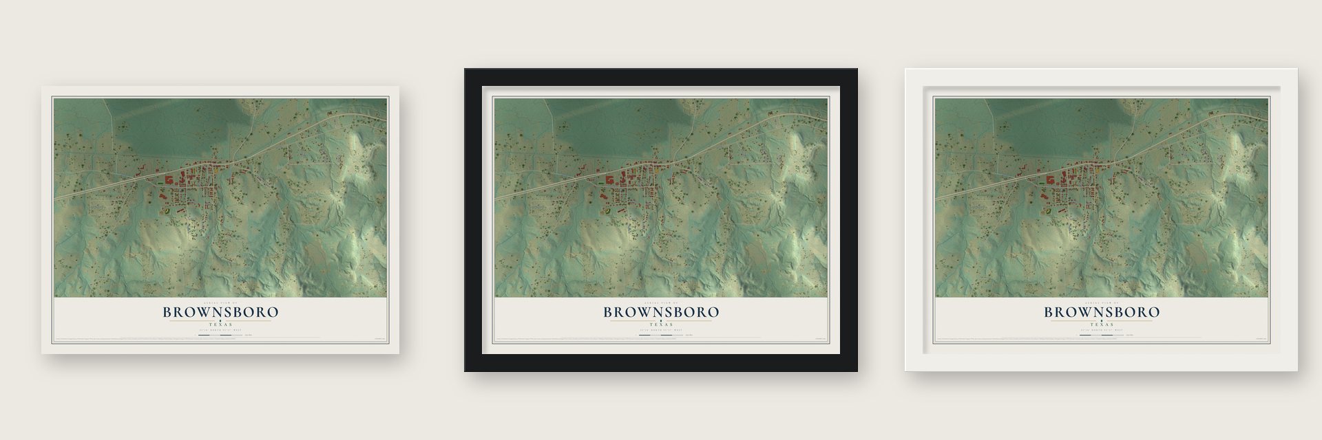 Brownsboro, Texas map unframed, in a black wood frame and in a white wood frame