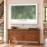 Brownsboro, Texas map, 24 x 36 inch print in a white frame above a dresser by a staircase