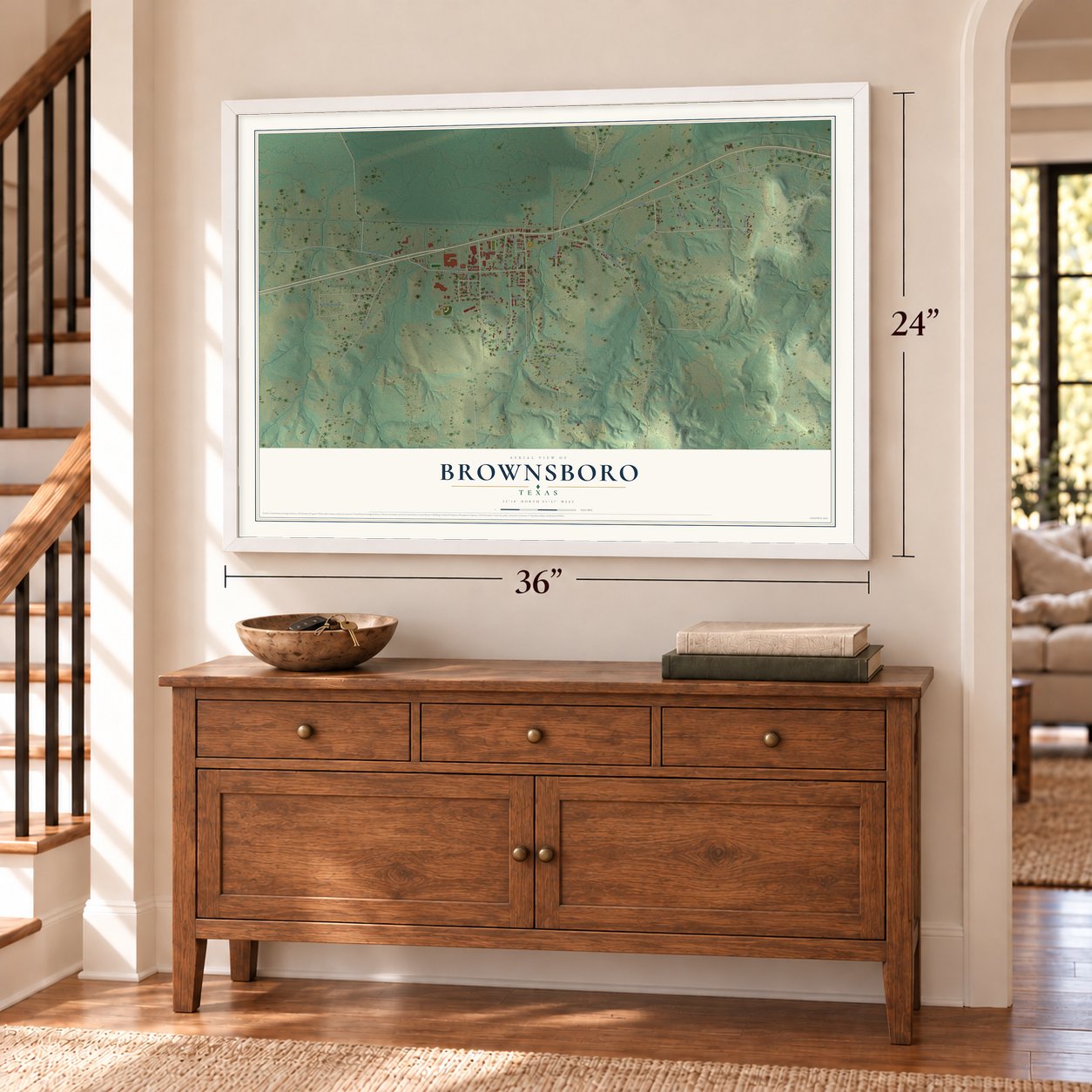 Brownsboro, Texas map, 24 x 36 inch print in a white frame above a dresser by a staircase