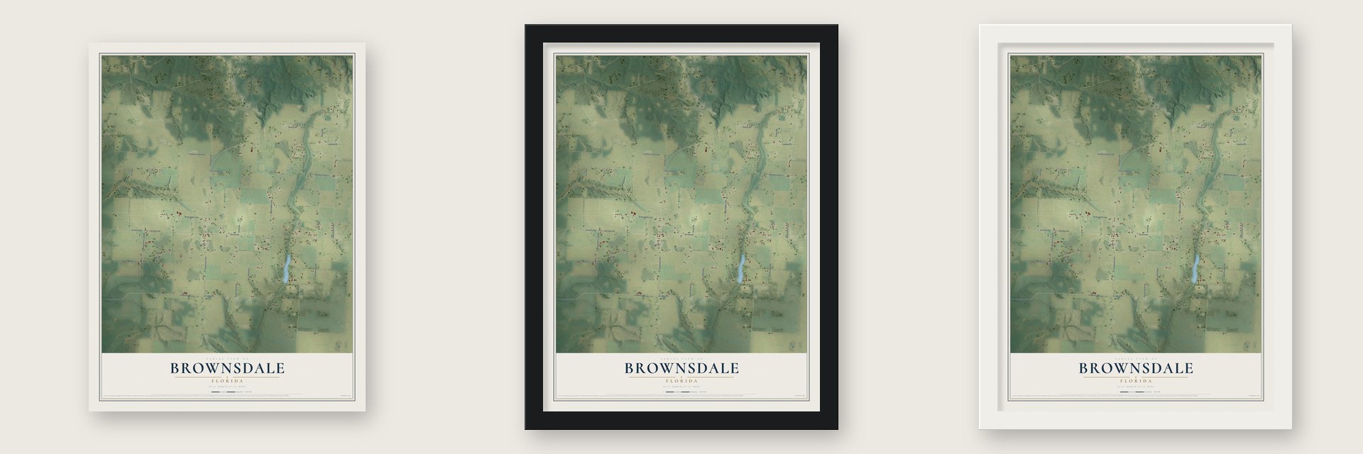 Brownsdale, Florida map unframed, in a black wood frame and in a white wood frame
