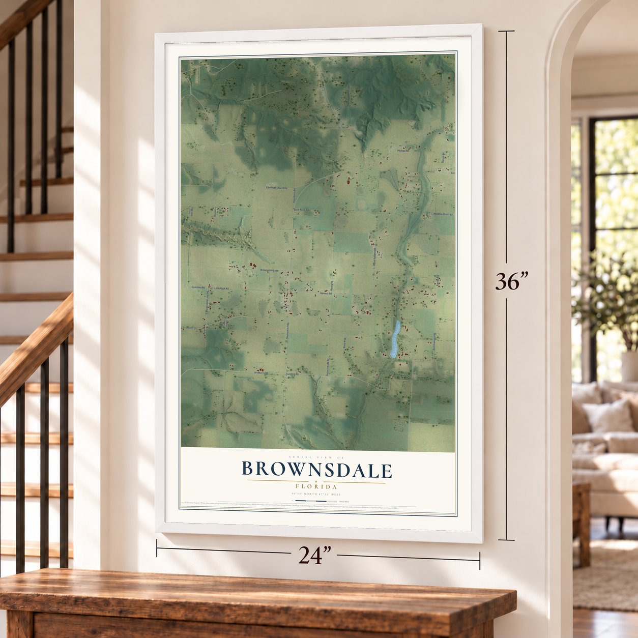 Brownsdale, Florida map, 24 x 36 inch print in a white frame by a staircase