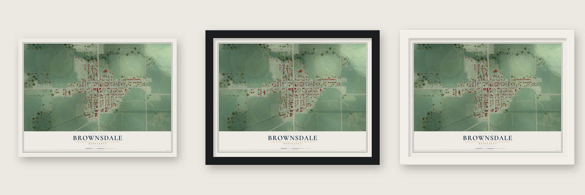 Brownsdale, Minnesota map unframed, in a black wood frame and in a white wood frame