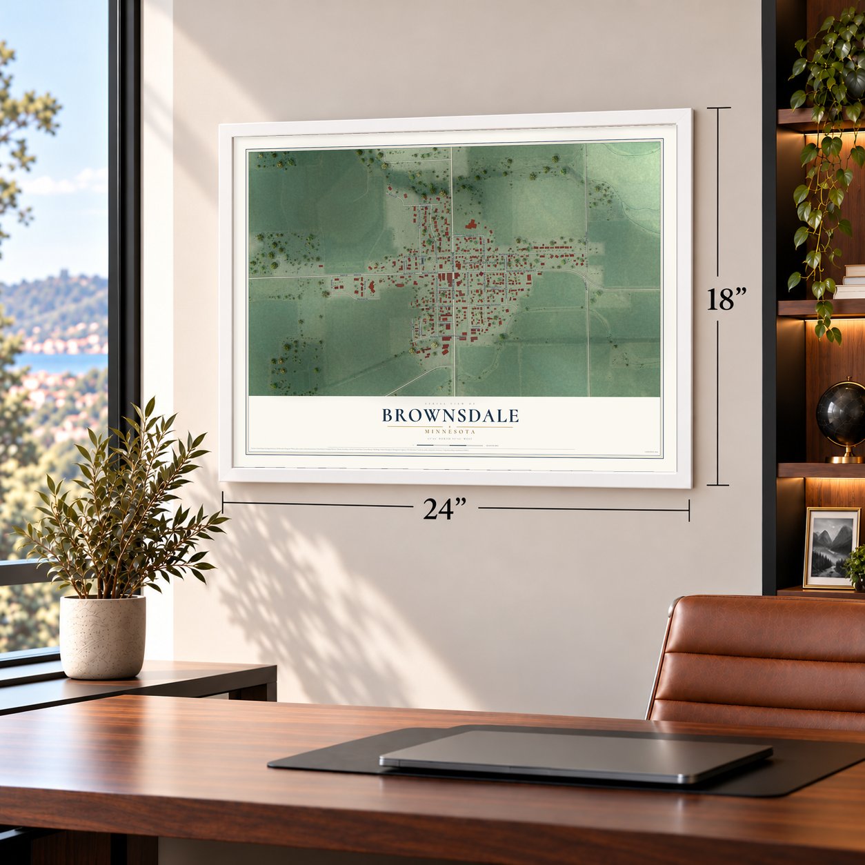 Brownsdale, Minnesota map, 18 x 24 inch print in a white frame in a home office