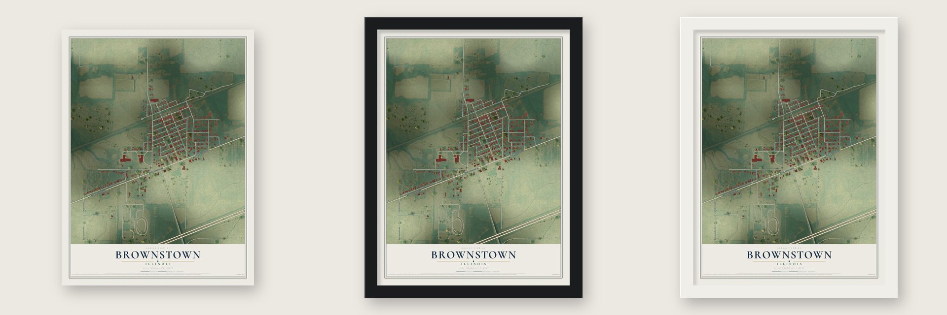 Brownstown, Illinois map unframed, in a black wood frame and in a white wood frame