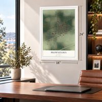 Brownstown, Illinois map, 18 x 24 inch print in a white frame in a home office