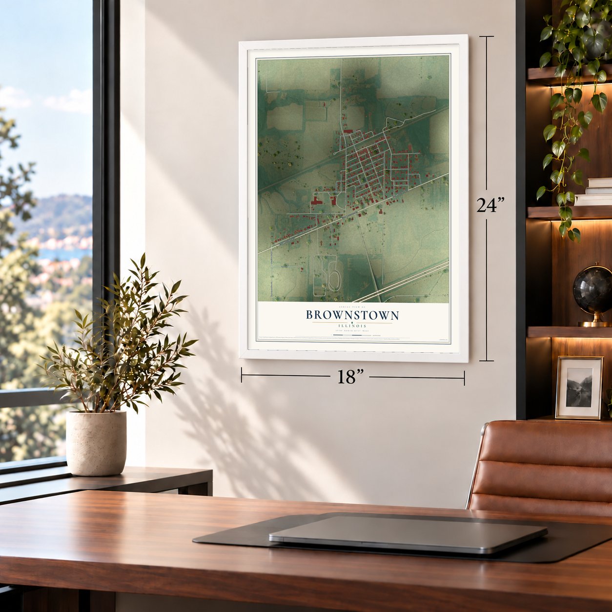 Brownstown, Illinois map, 18 x 24 inch print in a white frame in a home office