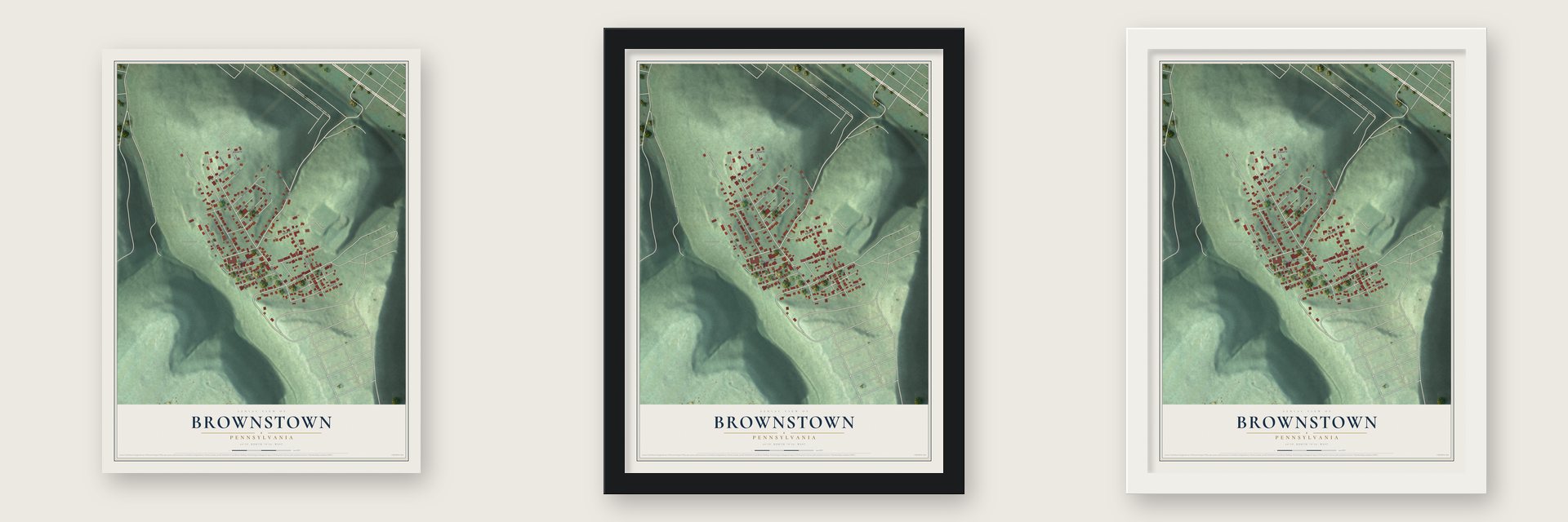 Brownstown, Pennsylvania map unframed, in a black wood frame and in a white wood frame