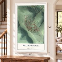 Brownstown, Pennsylvania map, 24 x 36 inch print in a white frame by a staircase