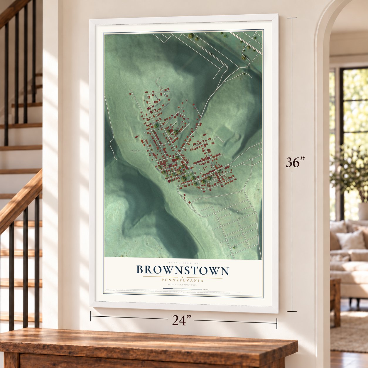 Brownstown, Pennsylvania map, 24 x 36 inch print in a white frame by a staircase