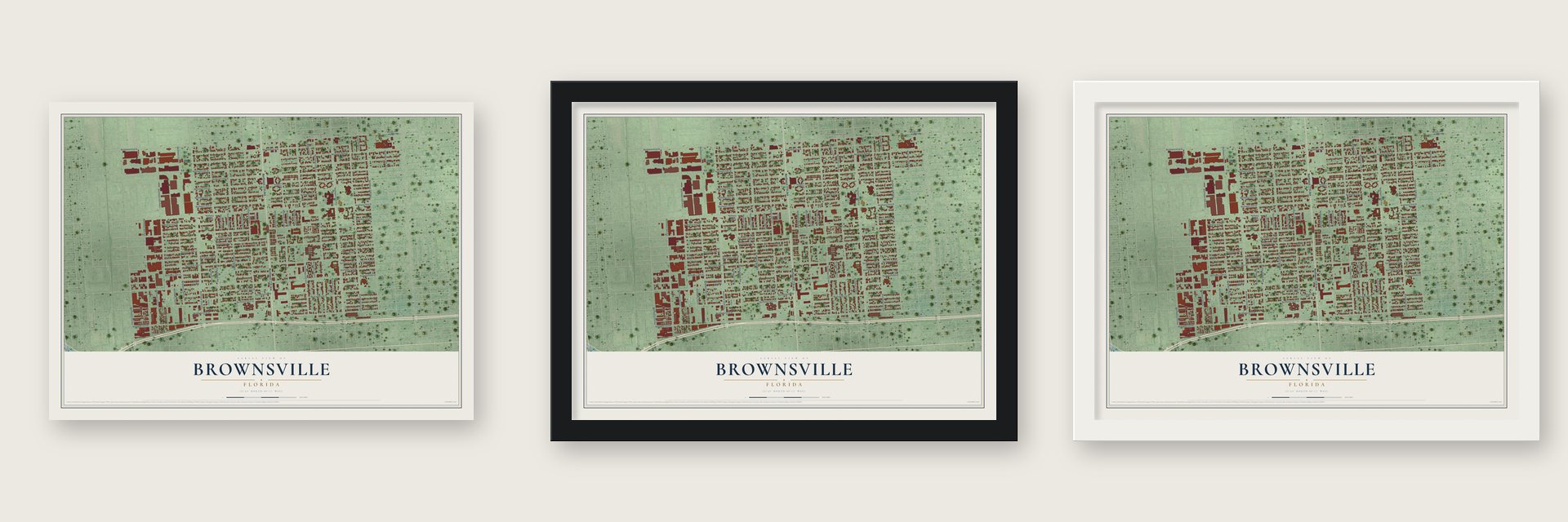 Brownsville, Florida map unframed, in a black wood frame and in a white wood frame