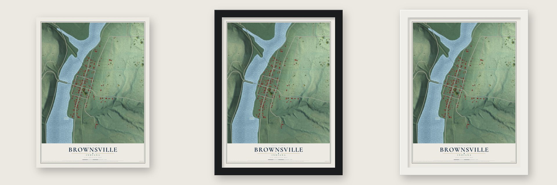 Brownsville, Indiana map unframed, in a black wood frame and in a white wood frame