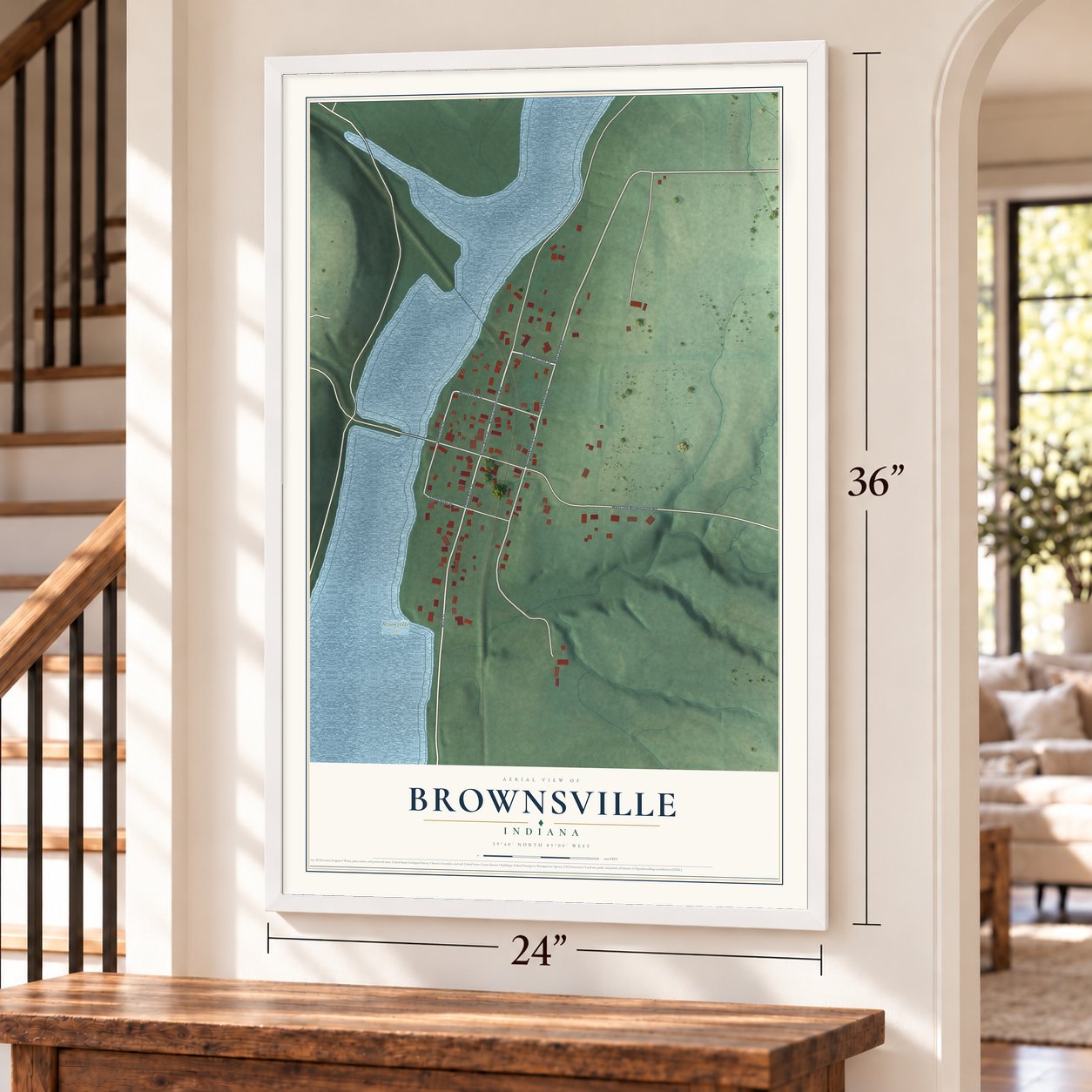 Brownsville, Indiana map, 24 x 36 inch print in a white frame by a staircase