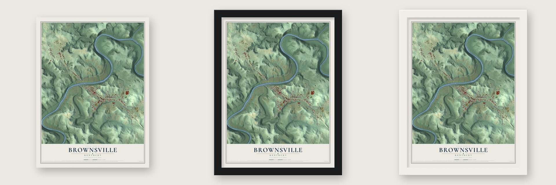Brownsville, Kentucky map unframed, in a black wood frame and in a white wood frame