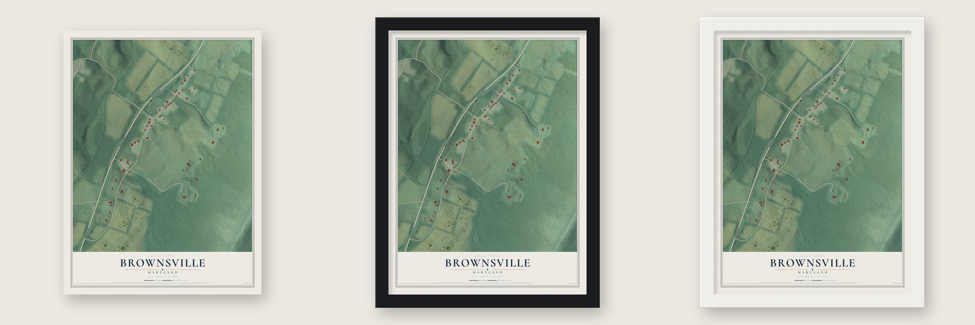 Brownsville, Maryland map unframed, in a black wood frame and in a white wood frame