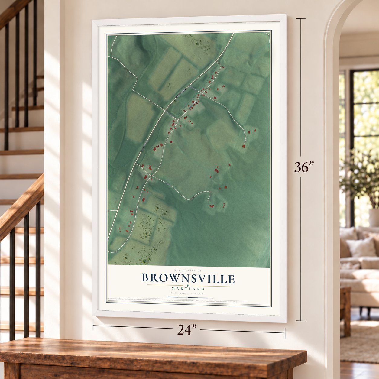 Brownsville, Maryland map, 24 x 36 inch print in a white frame by a staircase