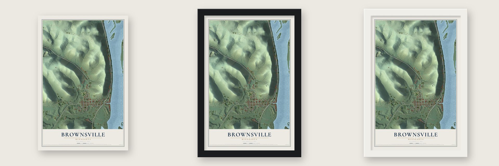 Brownsville, Minnesota map unframed, in a black wood frame and in a white wood frame