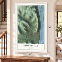 Brownsville, Minnesota map, 24 x 36 inch print in a white frame by a staircase