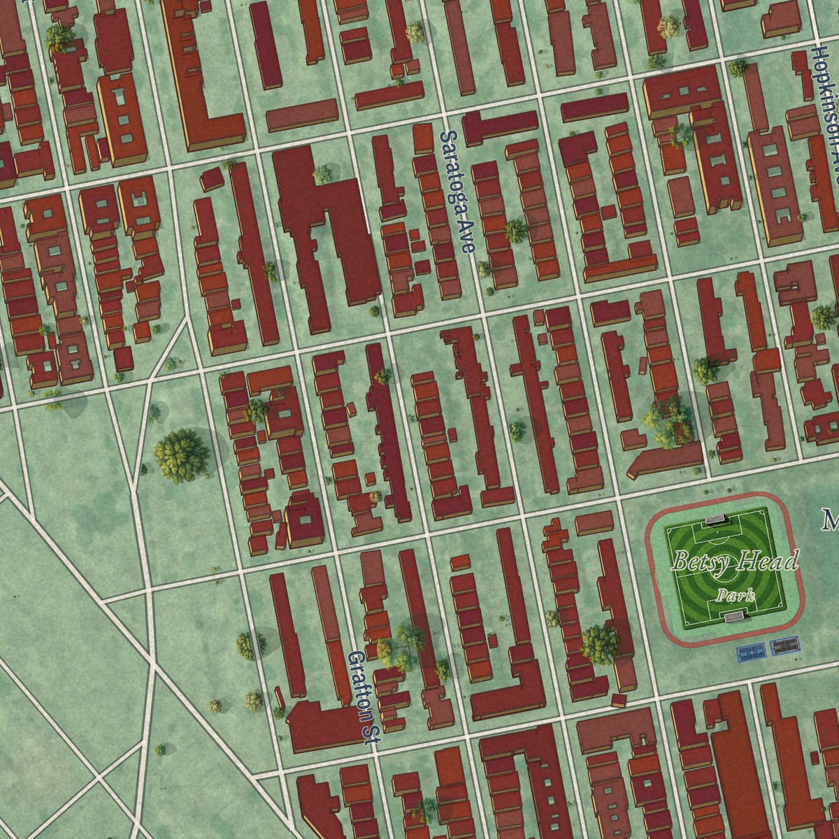 Second close-up of the map of Brownsville, New York print showing more streets and buildings
