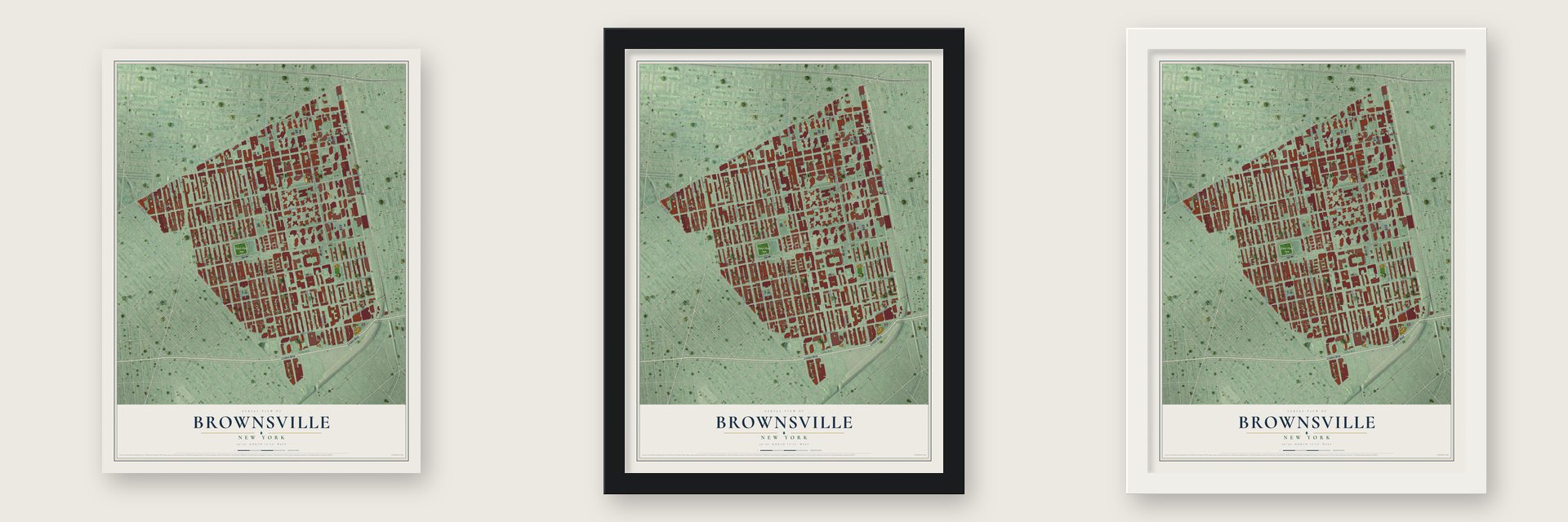 Brownsville, New York map unframed, in a black wood frame and in a white wood frame
