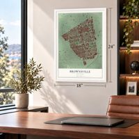 Brownsville, New York map, 18 x 24 inch print in a white frame in a home office
