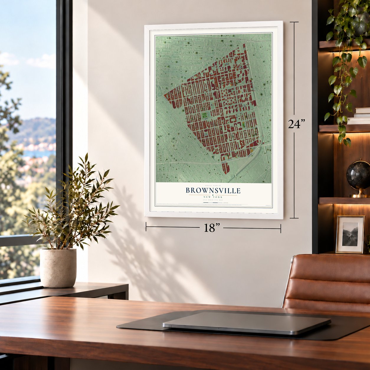 Brownsville, New York map, 18 x 24 inch print in a white frame in a home office