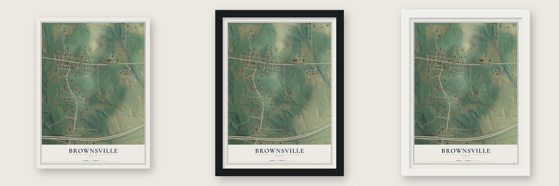 Brownsville, Ohio map unframed, in a black wood frame and in a white wood frame