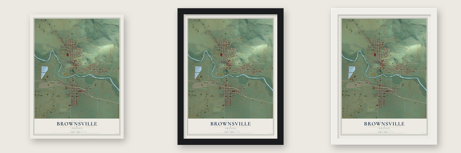 Brownsville, Oregon map unframed, in a black wood frame and in a white wood frame