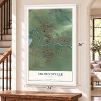 Brownsville, Oregon map, 24 x 36 inch print in a white frame by a staircase