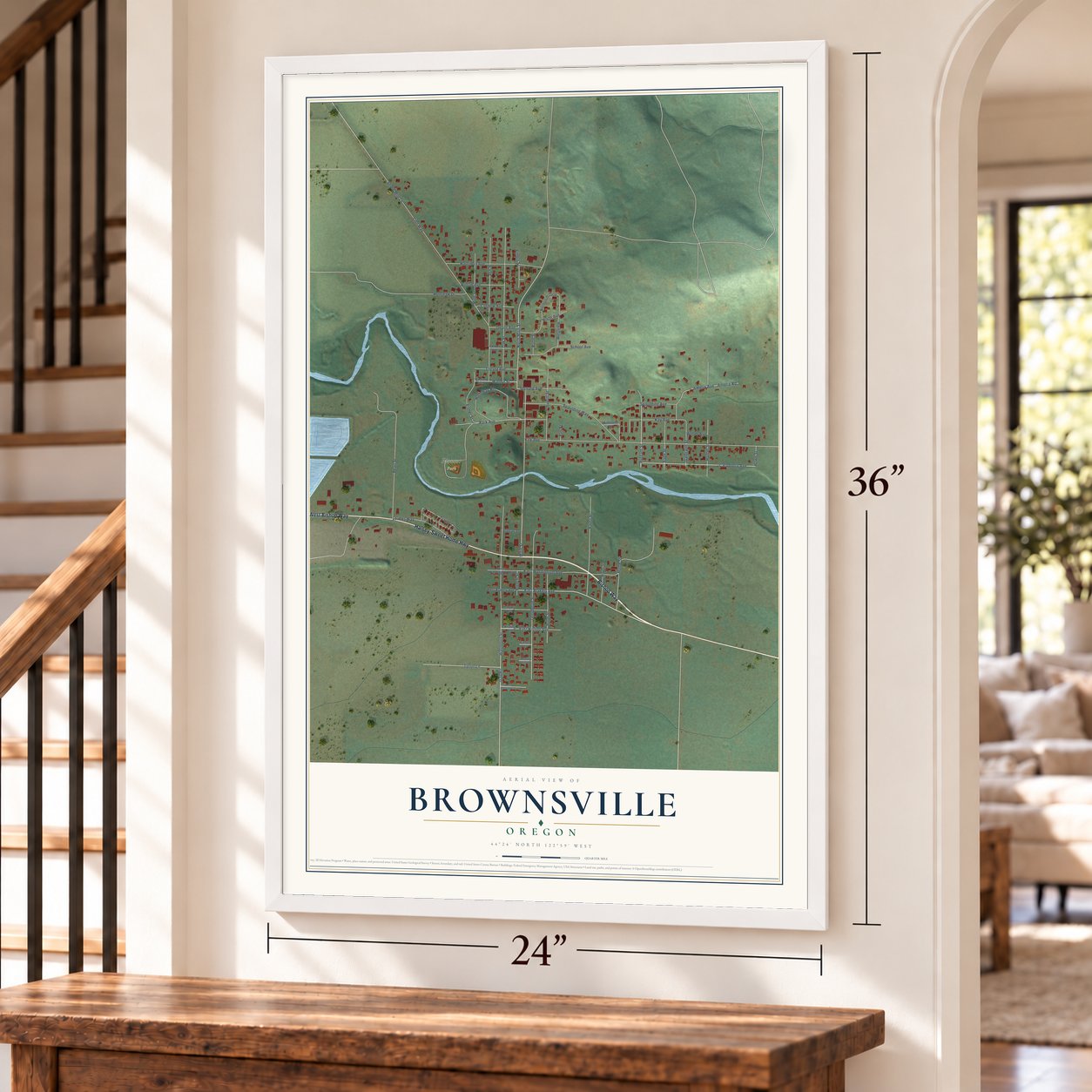 Brownsville, Oregon map, 24 x 36 inch print in a white frame by a staircase