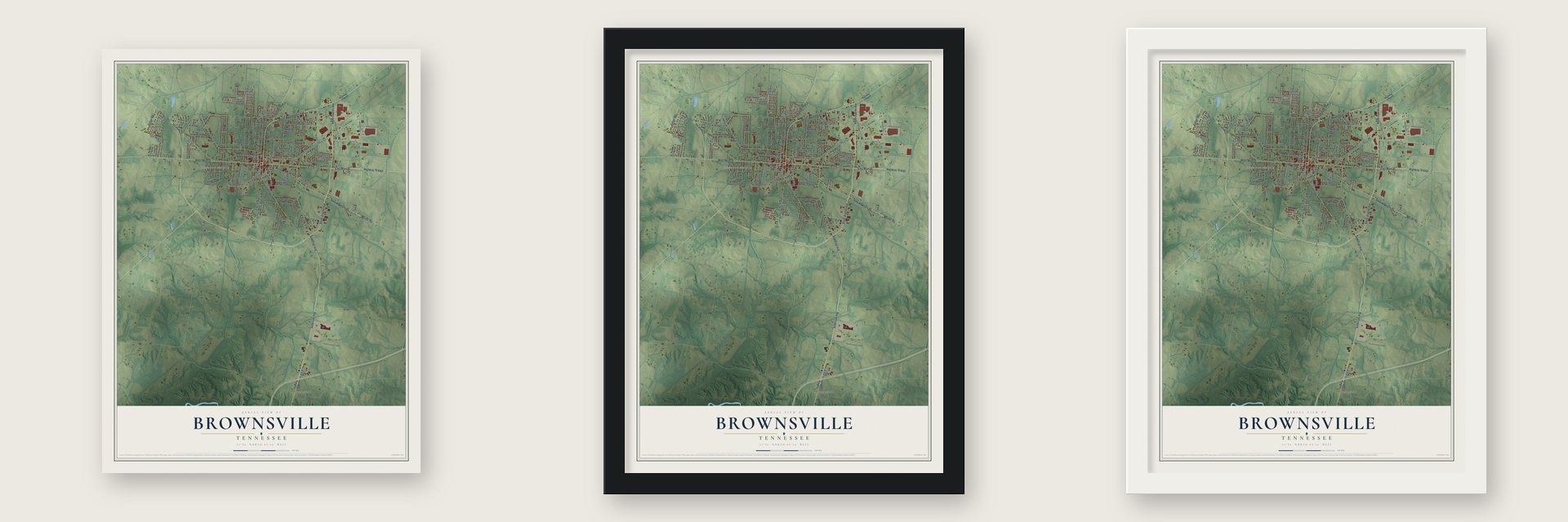 Brownsville, Tennessee map unframed, in a black wood frame and in a white wood frame