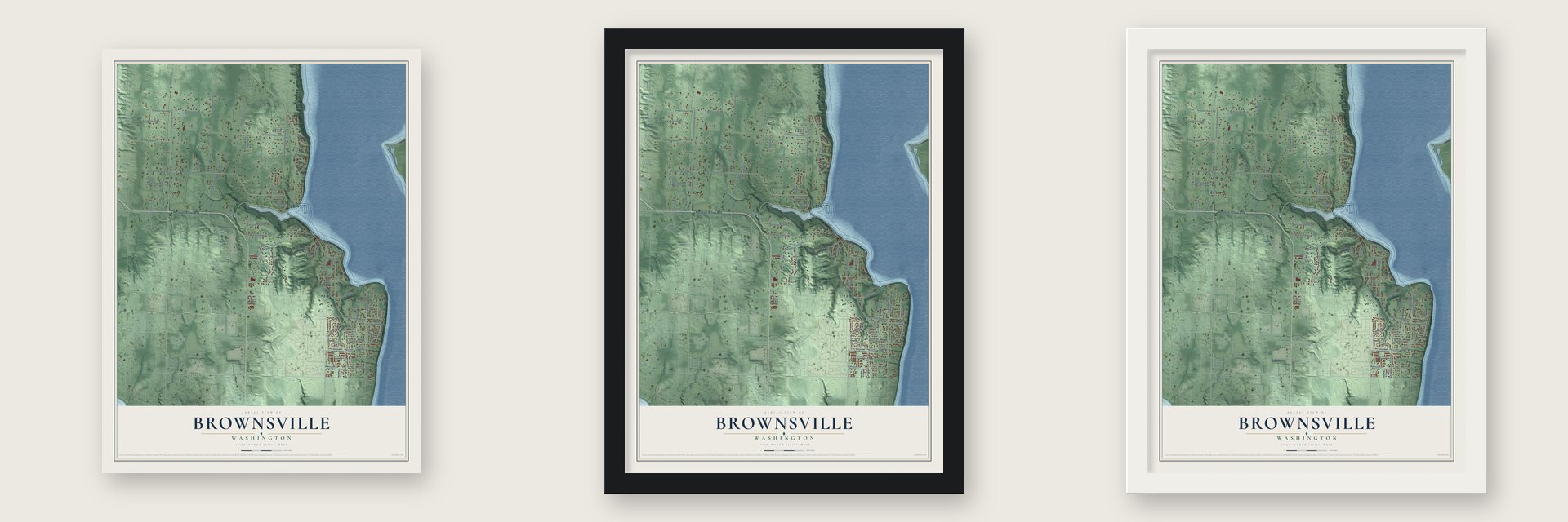 Brownsville, Washington map unframed, in a black wood frame and in a white wood frame