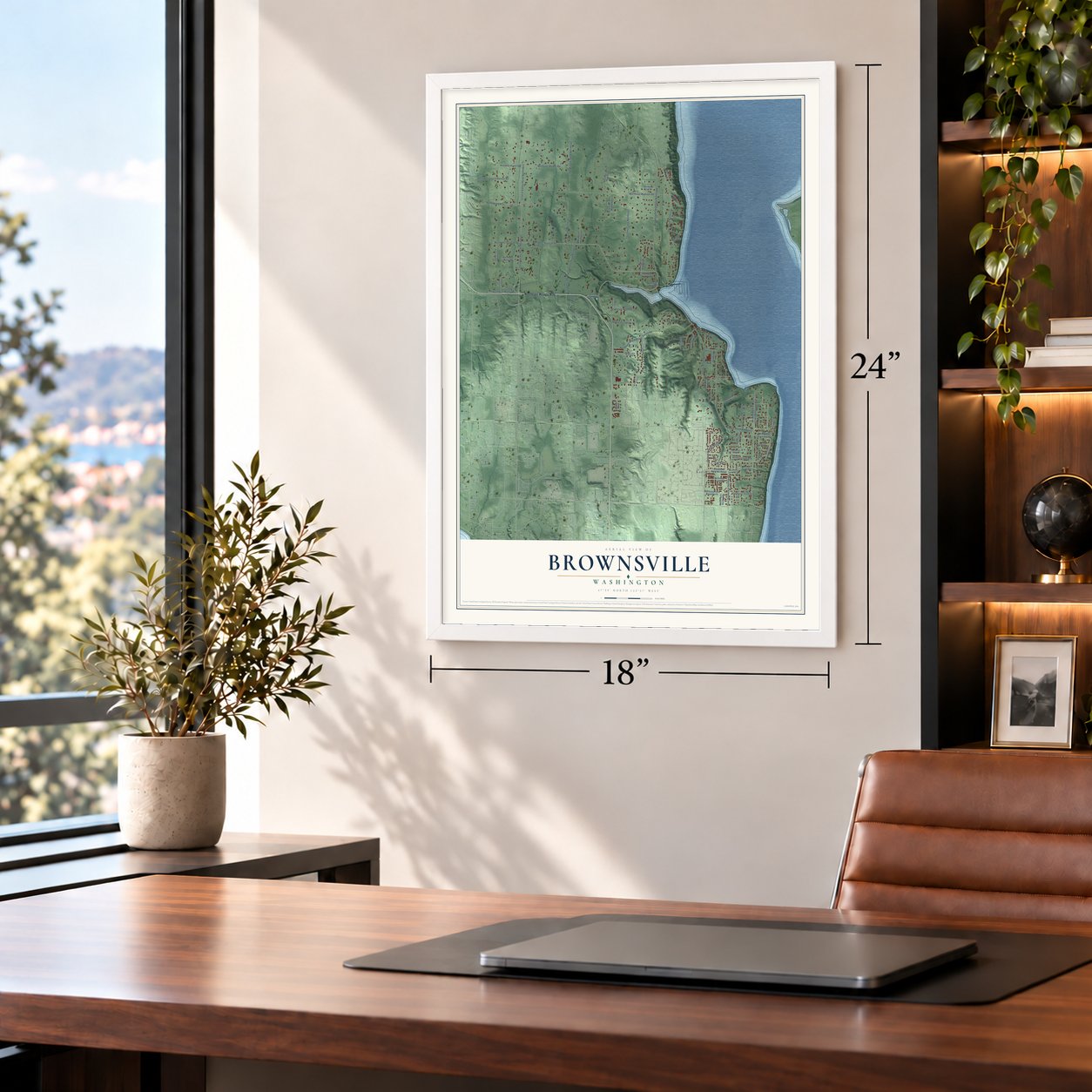 Brownsville, Washington map, 18 x 24 inch print in a white frame in a home office