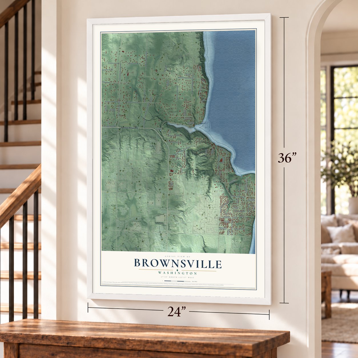 Brownsville, Washington map, 24 x 36 inch print in a white frame by a staircase