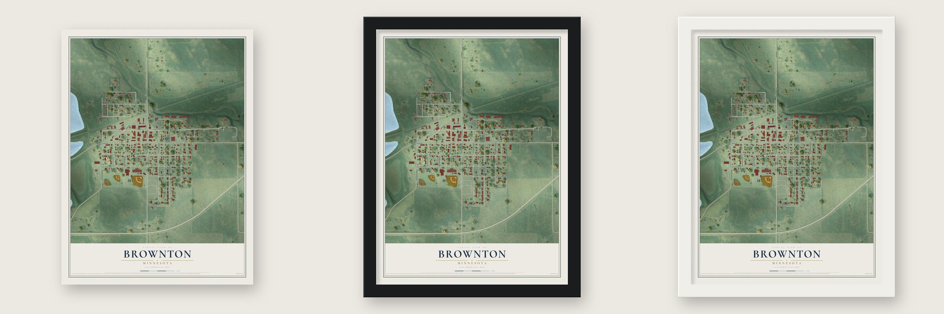 Brownton, Minnesota map unframed, in a black wood frame and in a white wood frame