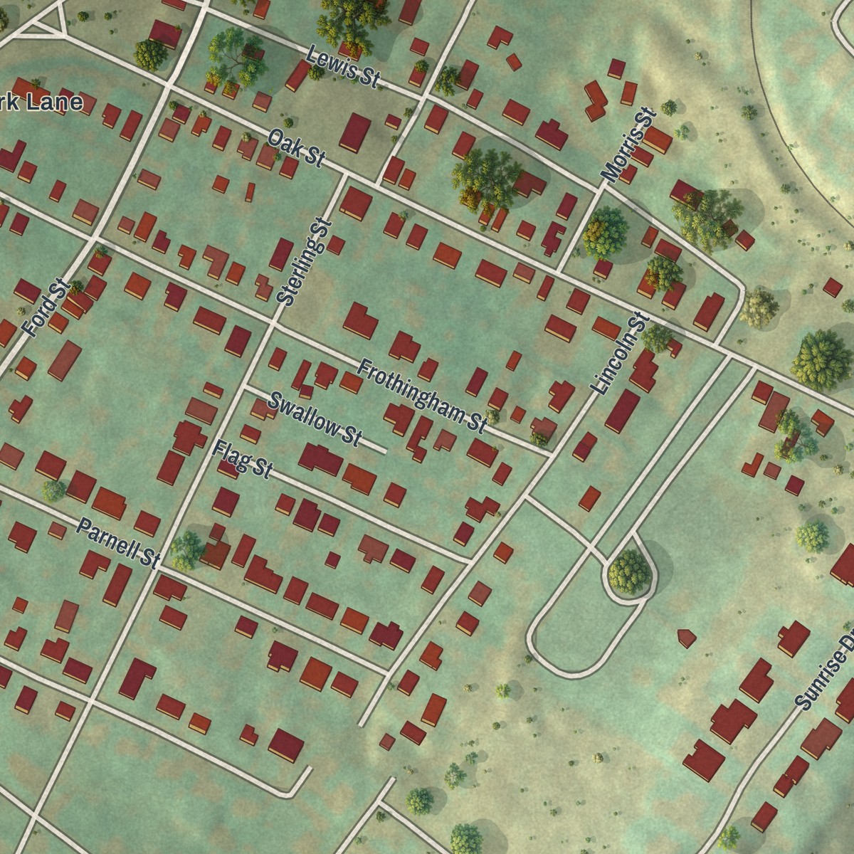Second close-up of the map of Browntown, Pennsylvania print showing more streets and buildings