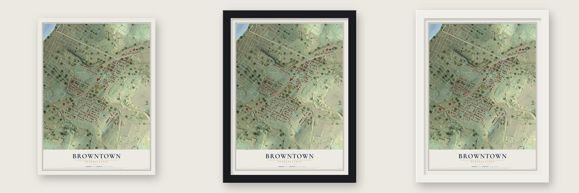 Browntown, Pennsylvania map unframed, in a black wood frame and in a white wood frame