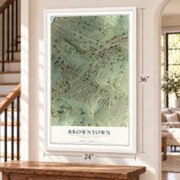 Browntown, Pennsylvania map, 24 x 36 inch print in a white frame by a staircase