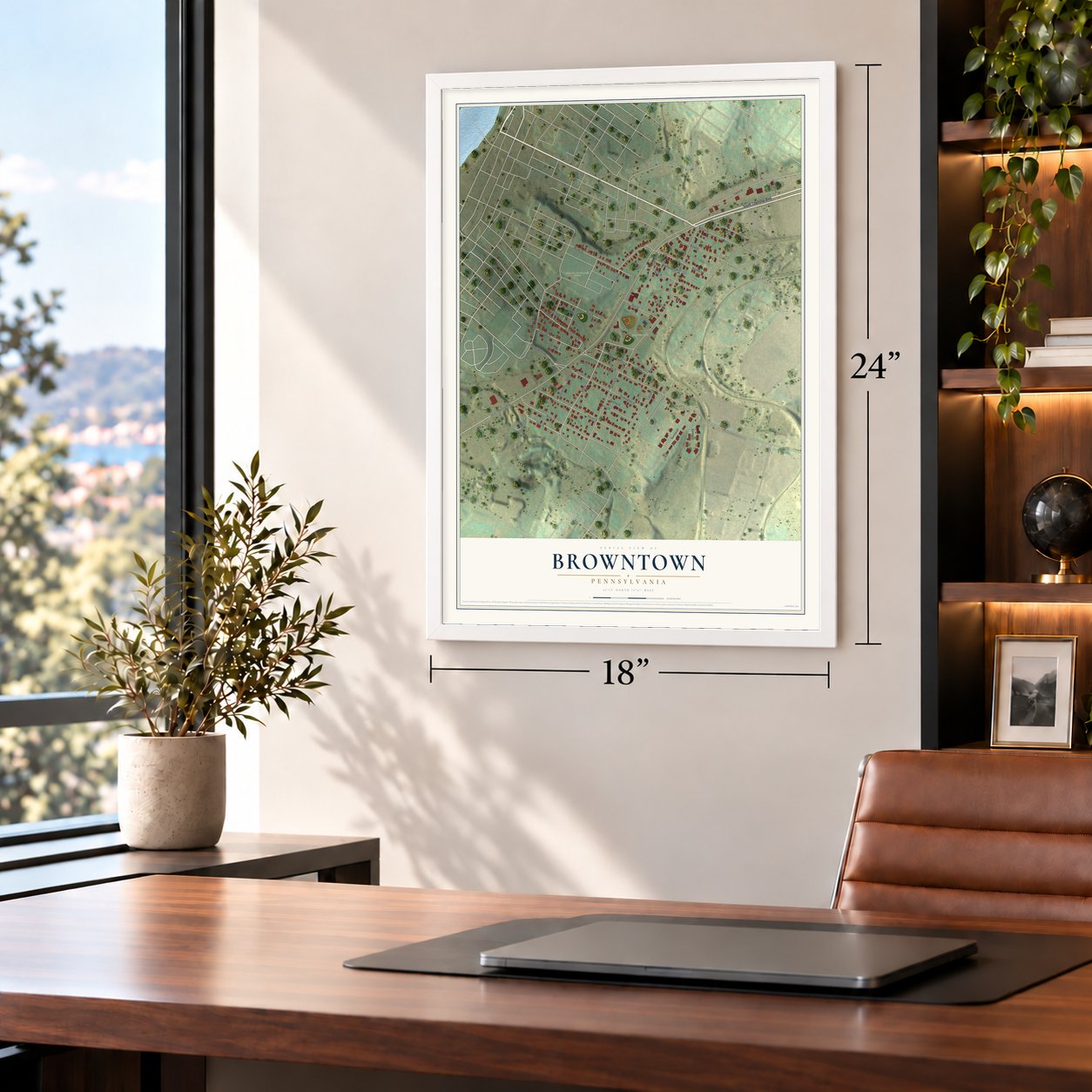 Browntown, Pennsylvania map, 18 x 24 inch print in a white frame in a home office